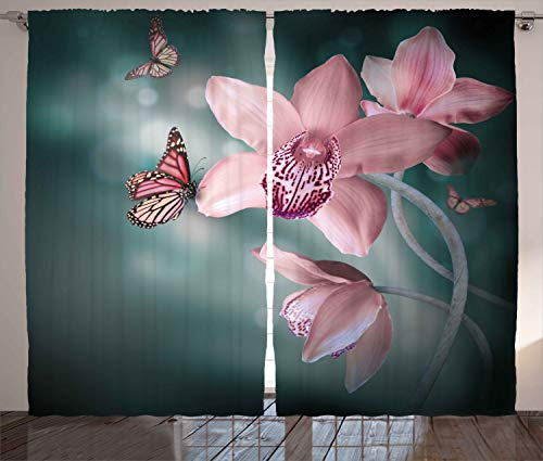 ABAKUHAUS Blumen Rustikaler Vorhang, Orchideen-Blume Schmetterling, Wohnzimmer Universalband Gardinen mit Schlaufen und Haken, 280 x 245 cm, Jadegrün Baby