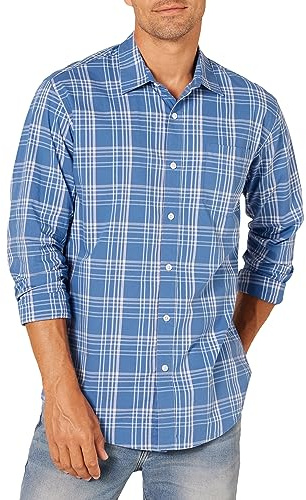 Amazon Essentials Men's Långärmad ledig poplinskjorta med normal passform, Havsblå Rutig, XXL