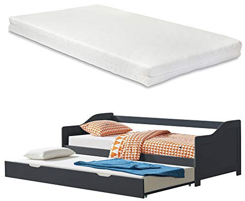 [en.casa] Tandembett 2X 90x200cm Dunkelgrau Ausziehbett mit 2X Matratzen Doppelt Sofabett mit Lattenrost Funktionsbett Kiefernholz Schlafsofa Gästebett Kojenbett Tagesbett