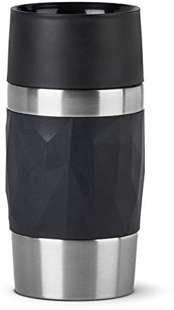 Emsa Travel Mug Compact Thermobecher 300 ml, Isolierbecher Edelstahl, Kaffeebecher to go, 3h heiß, 6h kalt, 100% dicht, auslaufsicher, spülmaschinengeeignet, 360°-Trinköffnung, schwarz, N21601