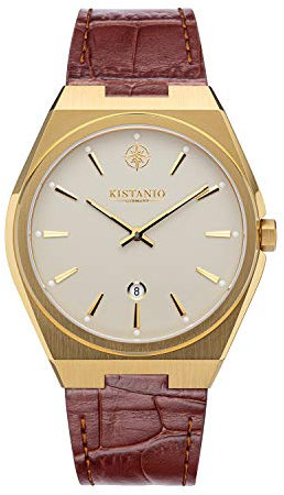 Kistanio Milano Herrenuhr mit Echtlederarmband 10ATM Saphirglas Vergoldet Creme Braun GO-CR-L-BR