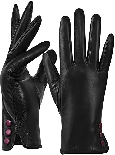 GSG SINCE 1998 Guantes Piel Mujer con Forro Polar Pantalla Táctil Guantes de Invierno Cálidos Guantes de Conducción Cuero Genuina para Damas Negro Small