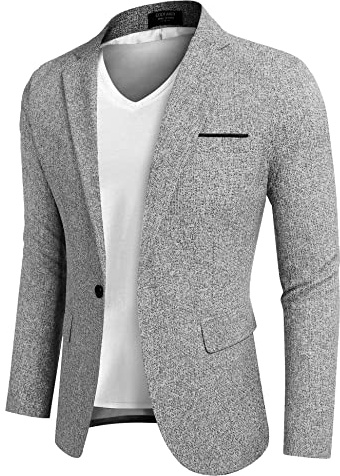 Coofandy Chaquetas de Traje Casual para Hombre, Ajustadas, con un botón, Abrigos Deportivos de Negocios, 2 - Gris Claro, Large