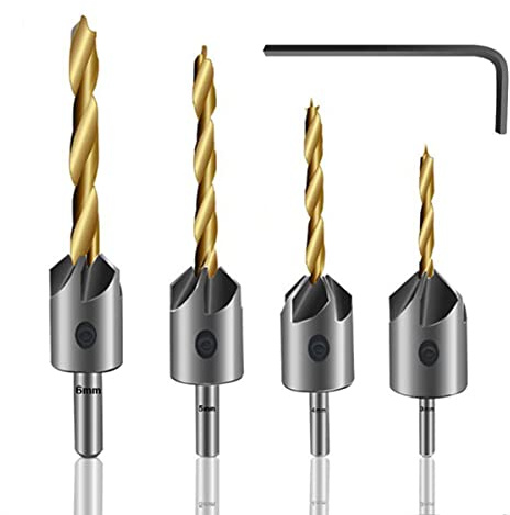 SagaSave Juego de 4 brocas avellanadas para carpintería, biselado de titanio, brocas de acero de alto carbono con llave hexagonal para escariador de carpintería de madera, herramienta de carpintería