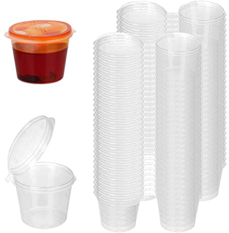 Coolon 1oz 100 Pieces Small Plastic Containers with Lids, 25ml Small Sauce Pots Plastic Pots Reusable Jelly Pots for Sauce Dips Salads