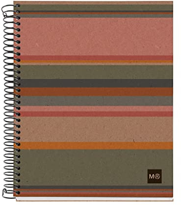 Miquel Rius M 100% PCW Recycled 4 Subject Notebook, Lined A5-8.27 x 5.83, 120 Sheets Heavyweight Paper, Subjects Separated by color, 2 Hole Punched, Micro-Perforated, Eco Stripes Design