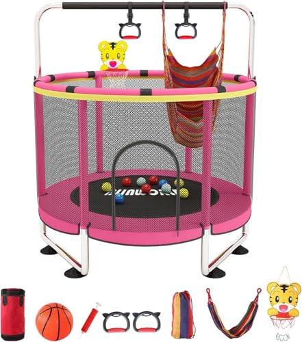 Blinworld Cama elástica infantil para interior y exterior – Trampolín de 140 cm con red, barra de gimnasia, cesta y juguetes para niños y niñas hasta 200 kg