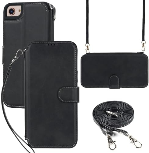 ELTEKER Hülle für iPhone 7/8/SE2020/SE2022 Handyhülle mit Band Crossbody Strap, Klapphülle mit dem Verstellbaren Umhängeband - Schwarz
