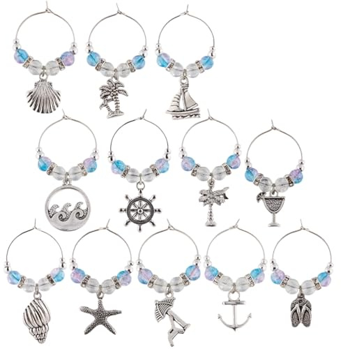 SUNNYCLUE 1 SCATOLA 12 PZ Ciondoli per Bevande Da Spiaggia In Argento Identificatori per Bicchieri di Vino Sfusi Lega Anticata Estate Oceano Spiaggia Conchiglie Bevande Marcatori Ciondoli Tag per La R