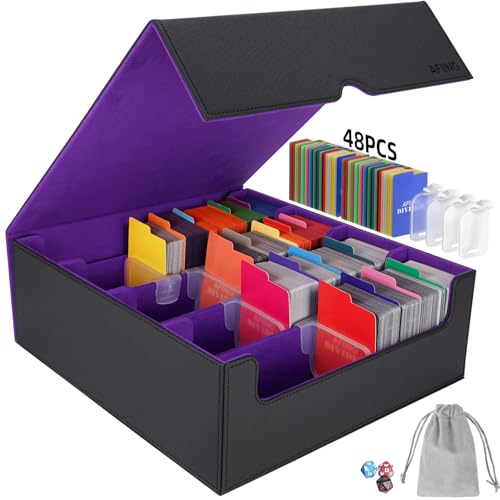 AFIING 4-reihige Sammelkarten-Aufbewahrungsbox [3200+], Karten-Organizer mit 4 Fächern und 48 Trennwänden, Hülle passend für MTG, TCG, Deck-Box für Baseball-Sportkarten (Schwarz/Lila)