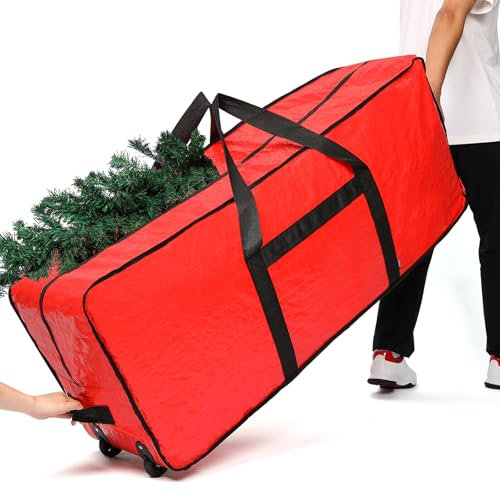 HOMEST Christmas Tree Storage Bag, Fits for 4.5-7 ft Xmas Artificials, Zippered Bag with Reinforced Carrying Handles and Wheels, Red (Bag Only)