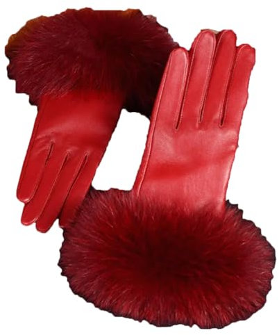 Damen Winter Warm Leder Lammfell Handschuhe, rot, XL