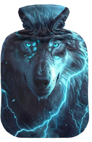 Wärmflasche Wolf mit leuchtenden blauen Augen, weicher Bezug, Hand-/Fußwärmer, Wärmbeutel für Menstruationskrämpfe, 1 Liter
