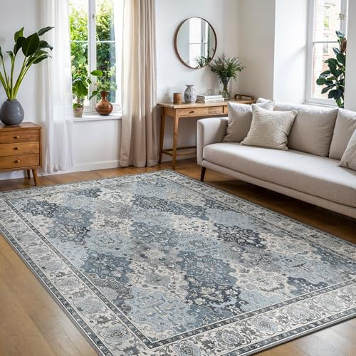 BEIMO 200x290CM Area Rugs for Bedroom,Vintage Boho Carpets for Living Room Non Slip Machine Washable Rug Short Low Pile Rug for Office-Indigo