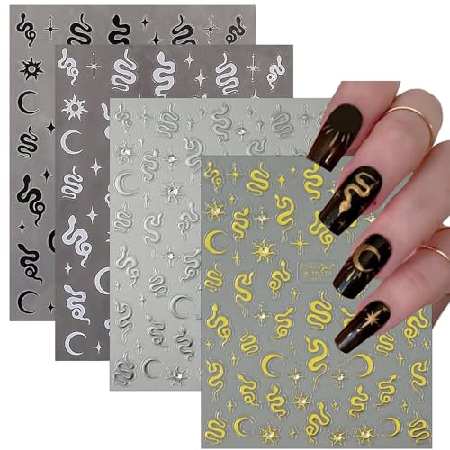 TELAIN Nagelsticker Set Mit 4 Blatt Metallic Schlange Motiven, Gold Und Silber Nagelkunst Sticker Für Einzigartiges Nageldesign, Selbstklebende Nagelaufkleber Für Natürliche Und Kunstnägel