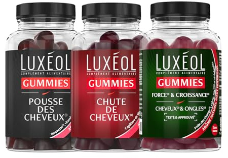 LUXEOL - Lot Gummies Pousse Cheveux + Chute Cheveux + Force & Croissance | Complément Alimentaire - Cheveux normaux(2) - Sans sucres - Fabriqués en France - 3x60 Gummies
