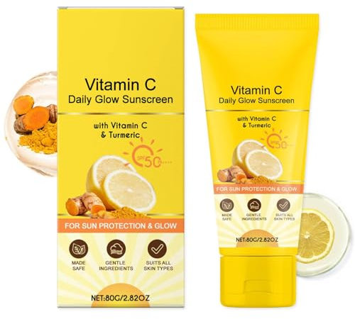 Crème de Jour Solaire au Curcuma SPF50 (Anti-tâches),Soin Visage Enrichi en Vitamine C,Creme Solaire 50 pour le Visage,Crème Anti-Rides Curcuma,Réduit les Taches & Booste l'Éclat (1)