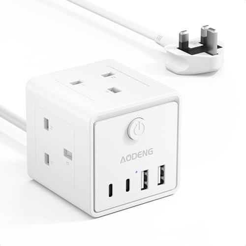 Extension Lead with 4 USB Slots and Switch, 3 Way Multi Plug Extension Cable with 2 USB C, UK Desktop Power Extension Cord with Multi Socket, 1.5M Extension Cable for Home Office Travel