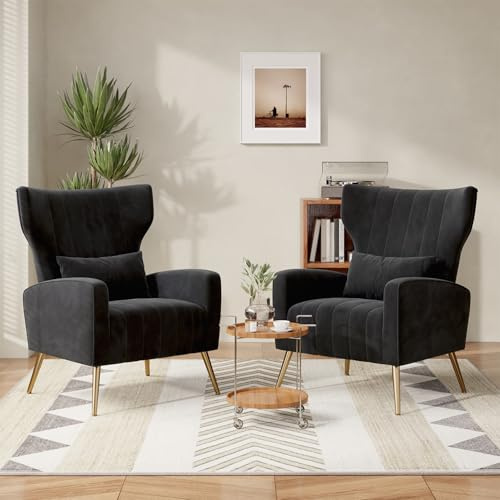 Hawthyhome 2er-Set Samt-Ohrensessel mit Kissen, Schwarz | 2er-Set; hohe Rückenlehnen; passende Kissen; goldene Metallbeine; Loungesessel für Wohnzimmer, Schlafzimmer & Leseecke