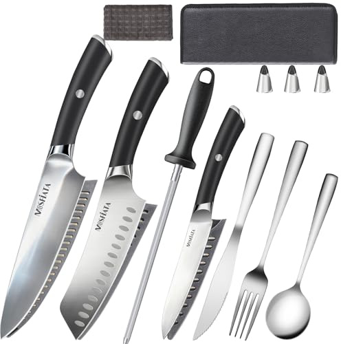 MOSFiATA Ensemble de Couteaux de Cuisine en Acier Inoxydable pour l'extérieur avec Sacoche,Protège-Doigts, étuis pour Couteaux, Fusil à Aiguiser