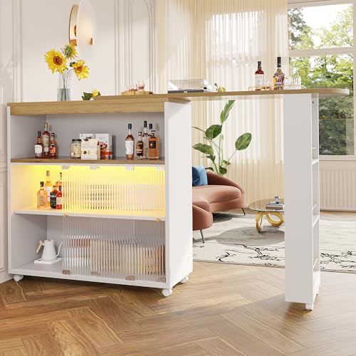 Modernt rörligt barbord, teleskopiskt barbord med LED, ståbord, bistrobord, högbord, köksö, stort förvaringsutrymme, vit (138–204 × 39 × 105 cm)