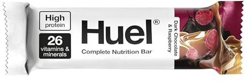 Huel Complete Nutrition Bar, 12 x 55g Bars, Dark Chocolate Raspberry, High Protein Bar, Plant-Based Protein Bars, Low Sugar, High Fibre, High-Protein Snack with Vegan Chocolate, Under 210 Calories