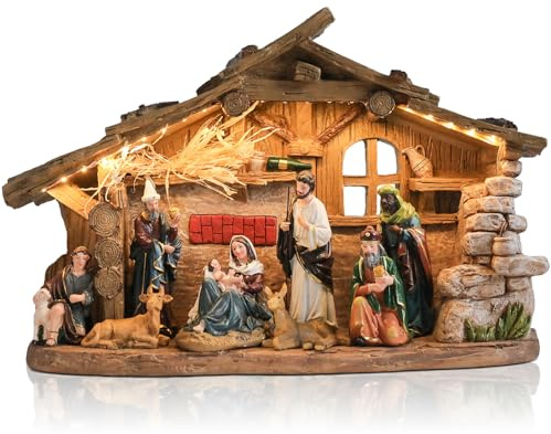 Ovewios Nativity Scene with Manger, Resin Nativity Sets Figurine with LED Light and Music, 15.6 Inch Holy Family Lighted Stable Nativity Scene Set Indoor for Tabletop Mantle Home Christmas Decoration