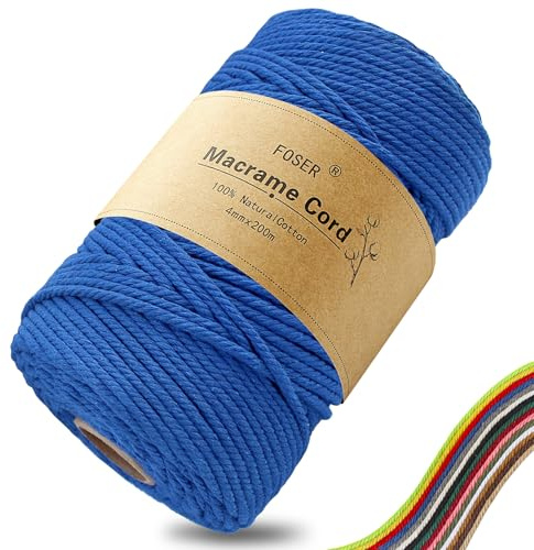 FOSER Premium makramégarn 4 mm × 200 m, naturligt makramésnöre, makramérep för hantverk, väggdekoration (Blå)