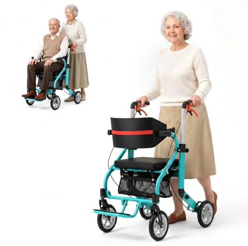 Foldable Rollator Walker for Seniors with Seat，22Lbs Aluminum Alloy Portable Mobility Wheelchair, 264Lbs Weight Capacity, Adjustable Handle & Backrest with Locking Brakes (Bule)