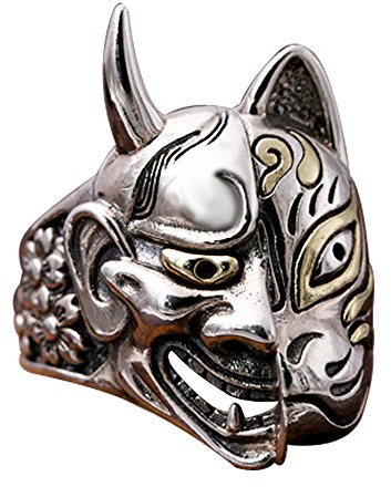 Bague masque hannya et kitsune japonaise demi-visage en argent sterling 925 anneau de démon prajna oni pour homme femme tallie 64
