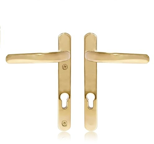 Uros Polished Brass Door Handle (PZ 92mm, 122mm Screw Hole Distance, 219mm Overall) Stainless Steel Short Backplate, UPVC Front Door Handle