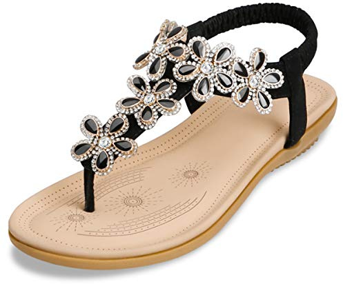 Zoerea Sandali Piatti da Donna da Estate Strass Fiore Bohemia Flip Flop Spiaggia Estivi Scarpe Casual Open Toe Tacco Piatto Nero,38 EU