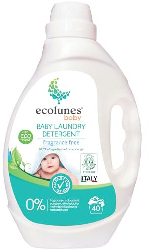 Ecolunes detergente para ropa bebé hipoalergénico, sin perfume, 98,50% ingredientes de origen natural, seguro para el medio ambiente y para la salud de tu hijo, dermatológicamente probado, 2L