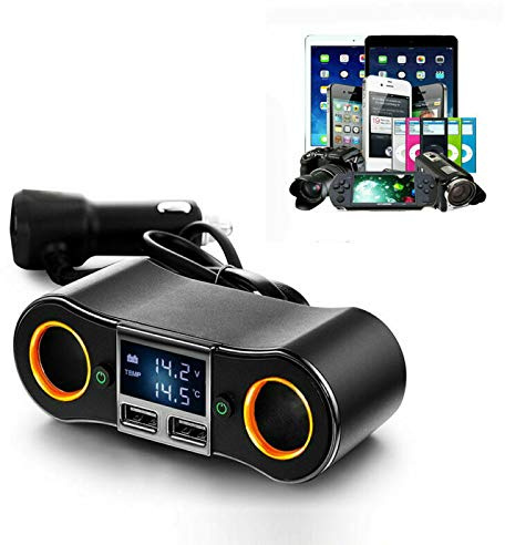 Riloer Regleta de Alimentación USB Extensión para Encendedor de Cigarrillos, 12V y 24V Adaptador Cargador Coche Camión Barco Toma Doble USB de 2 Vías Pantalla LED Voltímetro 120 * 40 * 50 mm