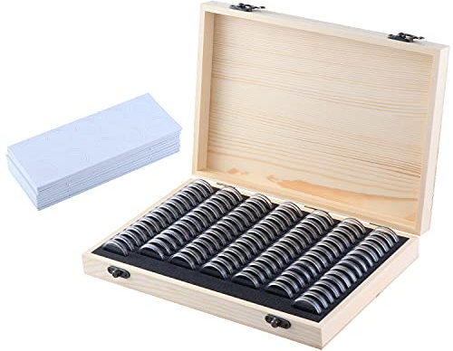 Fippy Münzen Aufbewahrung Box Holz Münzhalter Kapseln, mit 100 Stück Runde Münzkapseln für Münz Sammlung 18/21/25/27/30mm