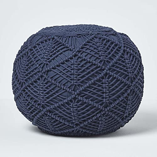 Homescapes Häkel-Pouf, dunkelblau, flaches Bodenkissen 40 x 50 cm in Boho Style, bequemer Fußhocker in Makramee-Optik, gehäkelter Puff aus 100% Baumwolle, Häkelpuff/Strickhocker,blau