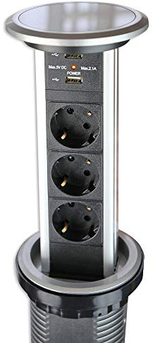 Automatisch versenkbare Steckdose für Küche und Büro mit Touch-Funktion - Steckdosenleiste aus Aluminium, Tischsteckdose mit 3-fach Steckdosenelement und 2x USB | Silber
