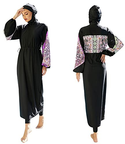 Burkini Damen Muslim Muslimische Badeanzug Frauen Langarm UV Schutzkleidung Badeshirt Lang Tops+Schwimmhose+Badekappe Hijab 3tlg Islamisch Schwimmanzug Jilbab Ganzkörper Modest Bademode 1#Schwarz XL