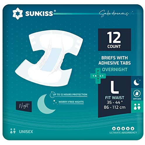 SUNKISS Adult Nappies with Ultimate Absorbency, Overnight Adult Diapers for Men and Women, Long-Lasting Dryness, Odor Control, Large, 12 Count