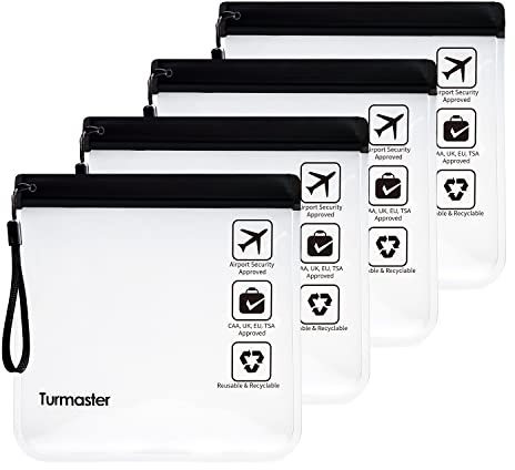 4 Packen Flughafen zugelassener durchsichtiger Kulturbeutel, auslaufsichere Flughafensicherheit zugelassene Flüssigkeitsbeutel 20 x 20cm, wasserdichte Reisekulturbeutel, Schwarz mit Griff
