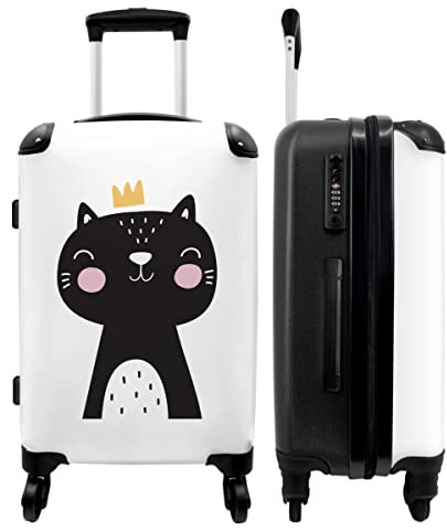 NoBoringSuitcases.com® Kindertrolley Mädchen Reisekoffer mit Rollen Carry on Luggage Koffer Geschenk - Katze - Krone - Schwarz - 67x43x25cm