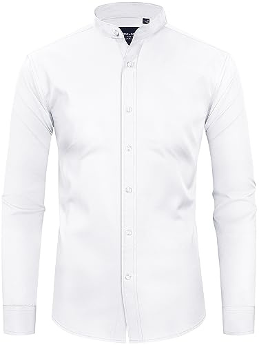 Alimens & Gentle Men's Stretch Mandarin Collar Dress Shirt Long Sleeve Solid Banded Collar Button Down Shirts White