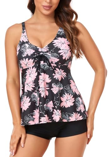 OAMENXI Tvådelad baddräkt för kvinnor, push-up, badkläder, tankini set med hot pants, tryck, baddräkter, bikini, baddräkt sportig, Rosa svart, M