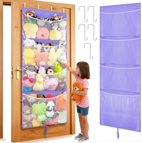Woodoulogy Hanging Stuffed Animal Storage, Over Door Large Plush Toy Organizer with Metal Hook, Baby Accessory Holder Idea for Nursery, Doll & Bear Mesh Hammock Bag for Girl Boy Kid Room