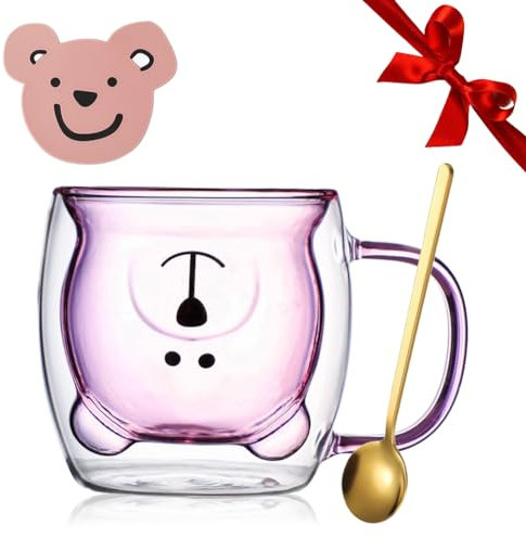 Yuragim Süße Tassen Bär Kaffeetasse Becher Doppelwandige Isolierte Espressotasse Kawaii Teegläser mit Henkel+Löffel+Untersetzer, Geschenk für Frauen Ideen Weihnachten Geburtstagsgeschenke (Rosa)