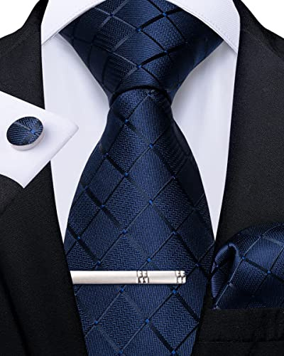 DiBanGu Herren Krawatte Set Seide Gestreift Karierte Krawatte mit Einstecktuch Manschettenknöpfe Krawattenklammer Set für Hochzeit Formell