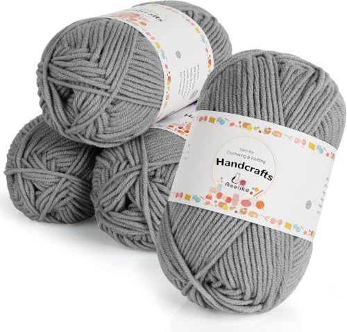 Aeelike 200g(4x50g) Wolle zum Häkeln, 5Ply Baumwolle Häkelgarn, Baumwollgarn für Häkeln und Kunsthandwerk, Dunkelgrau