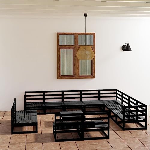 ULUYYUC 13-TLG. Garten-Lounge-Set, Balkonmöbel Schlafsessel Mit Bettfunktion Gartenbank Eckbankgruppe Geeignet für Balkon Hinterhof Außenbereich Garten Schwarz Massivholz Kiefer