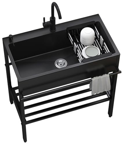 Free Standing Black Utility Sink,Stainless Steel Outdoor Kitchen Sink Station,Hand Washing Sink Commercial with Faucet,Laundry Sinks Set with Bracket and Drain,for Shop Kitchenette Garage Garden (Siz