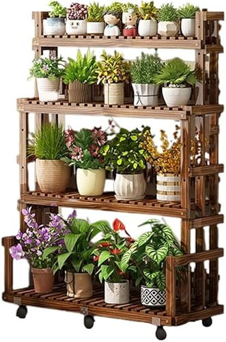 Pflanzenständer, rustikaler Pflanzenständer mit Rollen, Pflanzenregale, für drinnen und draußen, Holzpflanzenregal für mehrere Pflanzen, Karbonisierungsleiter, Pflanze, Anti-Verformung, Blumenregal F